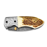 Luxury Giftware Damascus Steel 256 Layer Folding Blade Steel Guard Staghorn Handle Knife with Leather Sheath and Wooden Gift Box