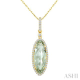 16X6 MM Oval Shape Green Amethyst and 1/5 Ctw Round Cut Diamond Semi-Precious Pendant With Chain in 10K Yellow Gold