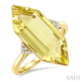 22X8 MM Hexagon Shape Lemon Quartz and 1/20 Ctw Round Cut Diamond Semi-Precious Ring in 14K Yellow Gold
