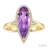 16X6 MM Pear Shape Amethyst and 1/6 Ctw Round Cut Diamond Semi-Precious Ring in 10K Yellow Gold