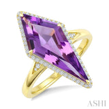 22X9 MM Kite Shape Amethyst and 1/5 Ctw Round Cut Diamond Semi-Precious Ring in 14K Yellow Gold