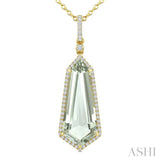 22X9 MM Shield Shape Green Amethyst and 1/4 Ctw Round Cut Diamond Semi-Precious Pendant With Chain in 14K Yellow Gold