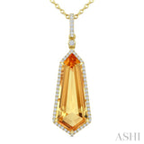22X9 MM Shield Shape Citrine and 1/4 Ctw Round Cut Diamond Semi-Precious Pendant With Chain in 14K Yellow Gold