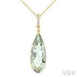 22X8 MM Pear Shape Green Amethyst and 1/20 Ctw Round Cut Diamond Semi-Precious Pendant With Chain in 14K Yellow Gold