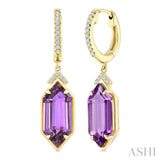 14X6 MM Hexagon Shape Amethyst and 1/6 Ctw Round Cut Diamond Semi-Precious Earrings in 14K Yellow Gold