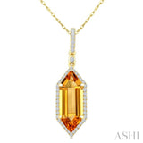 16X6 MM Hexagon Shape Citrine and 1/5 Ctw Round Cut Diamond Semi-Precious Pendant With Chain in 10K Yellow Gold