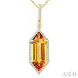 16X6 MM Hexagon Shape Citrine and 1/5 Ctw Round Cut Diamond Semi-Precious Pendant With Chain in 10K Yellow Gold