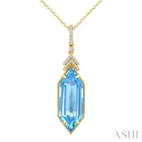 22X8 MM Hexagon Shape Blue Topaz and 1/10 Ctw Round Cut Diamond Semi-Precious Pendant With Chain in 14K Yellow Gold