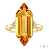 22X8 MM Hexagon Shape Citrine and 1/20 Ctw Round Cut Diamond Semi-Precious Ring in 14K Yellow Gold