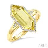 16X6 MM Hexagon Shape Lemon Quartz and 1/5 Ctw Round Cut Diamond Semi-Precious Ring in 10K Yellow Gold