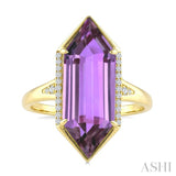 22X8 MM Hexagon Shape Amethyst and 1/10 Ctw Round Cut Diamond Semi-Precious Ring in 14K Yellow Gold