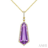 22X9 MM Shield Shape Amethyst and 1/4 Ctw Round Cut Diamond Semi-Precious Pendant With Chain in 14K Yellow Gold