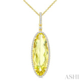 22X8 MM Oval Shape Lemon Quartz and 1/4 Ctw Round Cut Diamond Semi-Precious Pendant With Chain in 14K Yellow Gold