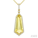 22X9 MM Shield Shape Lemon Quartz and 1/4 Ctw Round Cut Diamond Semi-Precious Pendant With Chain in 14K Yellow Gold