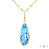 22X8 MM Pear Shape Blue Topaz and 1/4 Ctw Round Cut Diamond Semi-Precious Pendant With Chain in 14K Yellow Gold