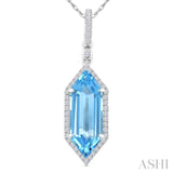 16X6 MM Hexagon Shape Blue Topaz and 1/5 Ctw Round Cut Diamond Semi-Precious Pendant With Chain in 10K White Gold